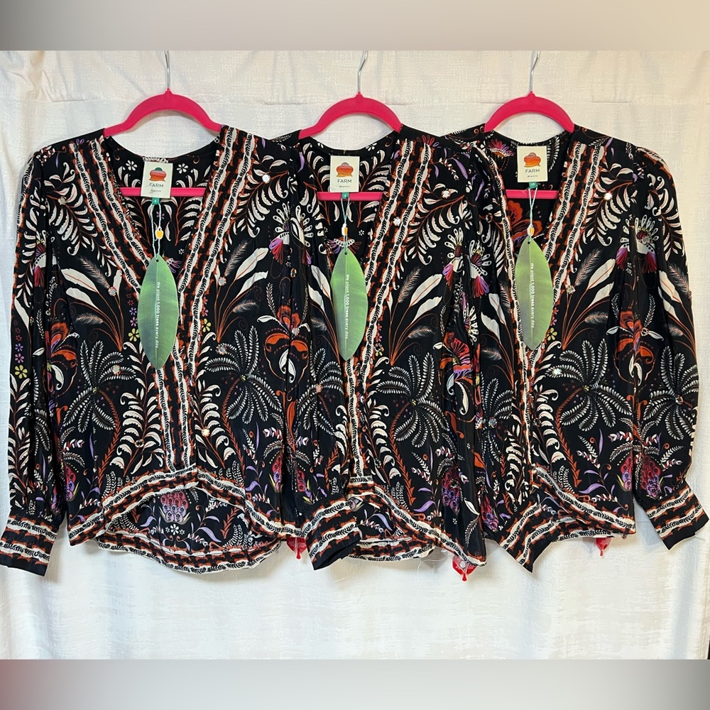 Farm Rio NWT Garden Print Black Long Sleeve Floral Mirror Beaded Button Blouse - Picture 10 of 14